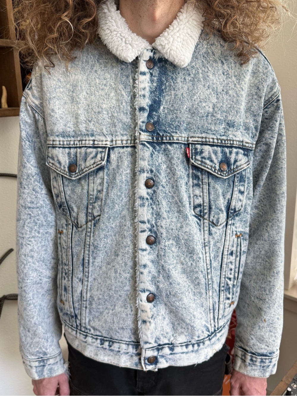 Vintage 80s Levis Sherpa Lined Denim Jacket Type III Acid Wash ~ Size XL